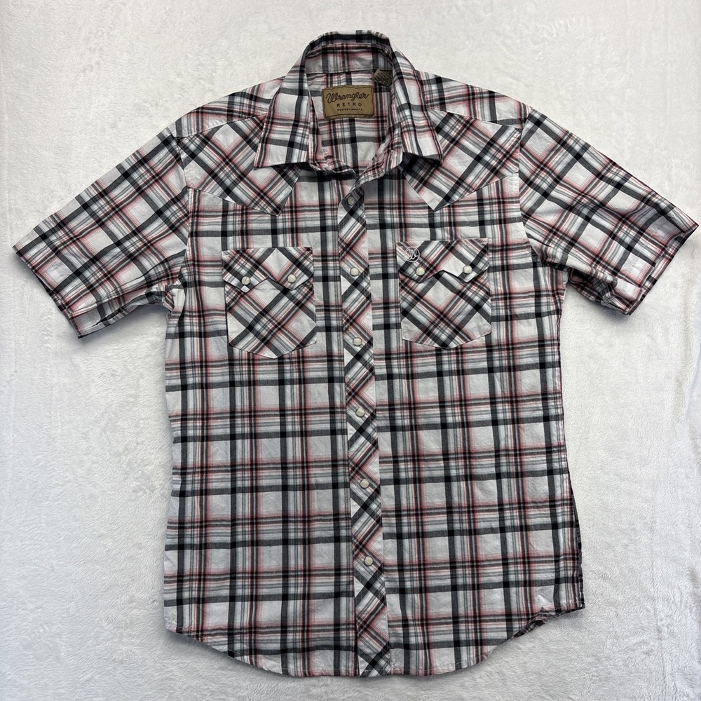 Wrangler Retro Pearl Snap Shirt Mens Medium Gray/Pink Plaid Short Sleeve Western